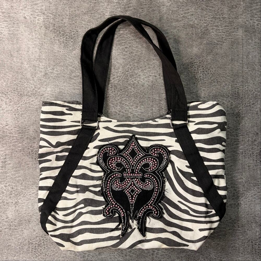 Zebra Print Crest Embellished Tote Bag